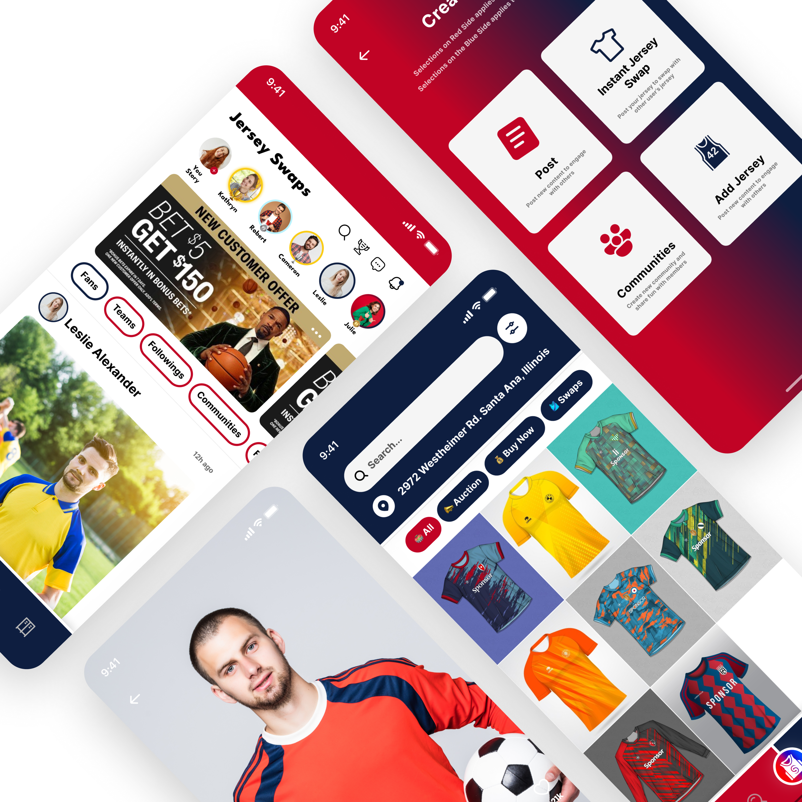 Jersey Swaps app screens showing marketplace listings and jersey swap feed