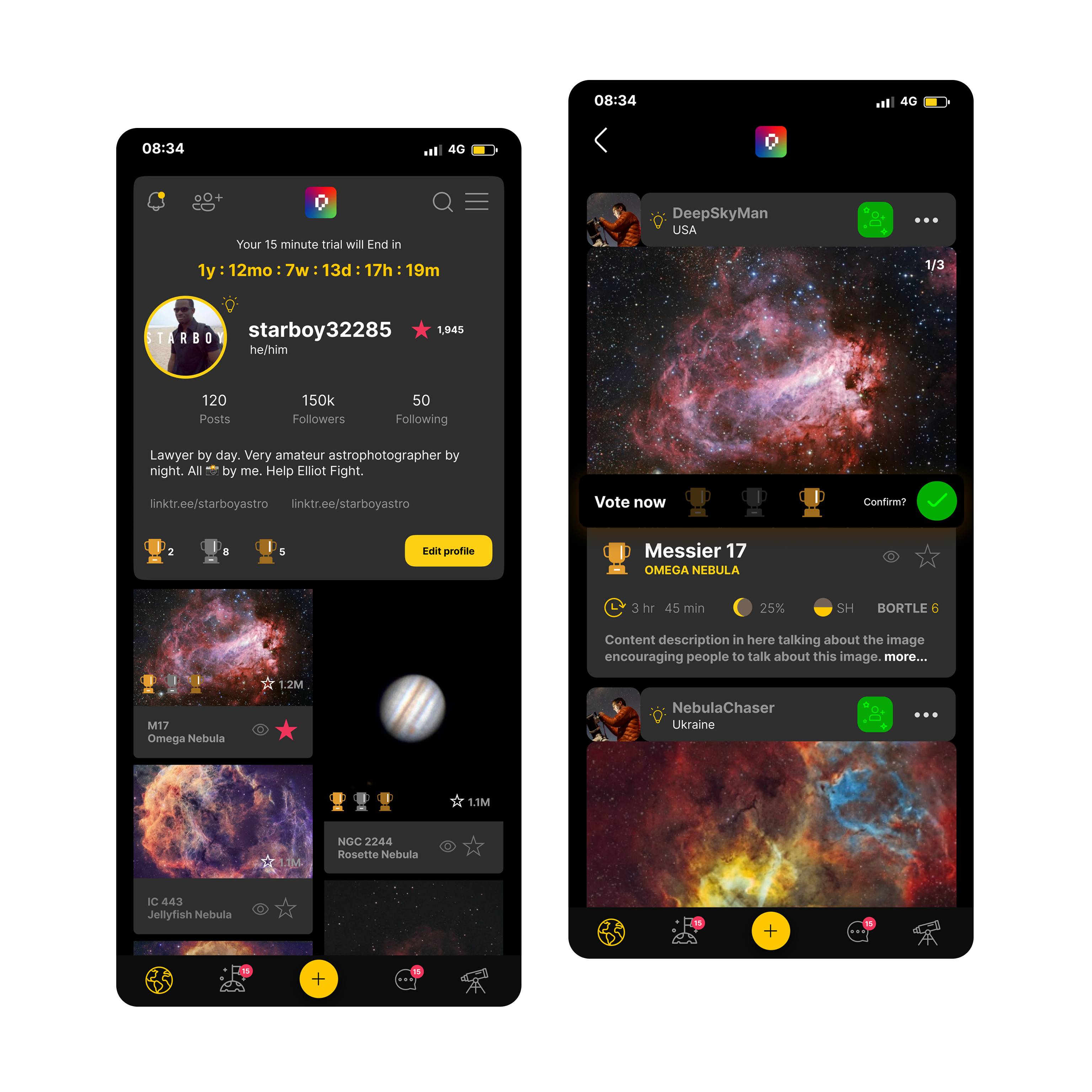 Picastro app screens showing nebula photo feed and community profile