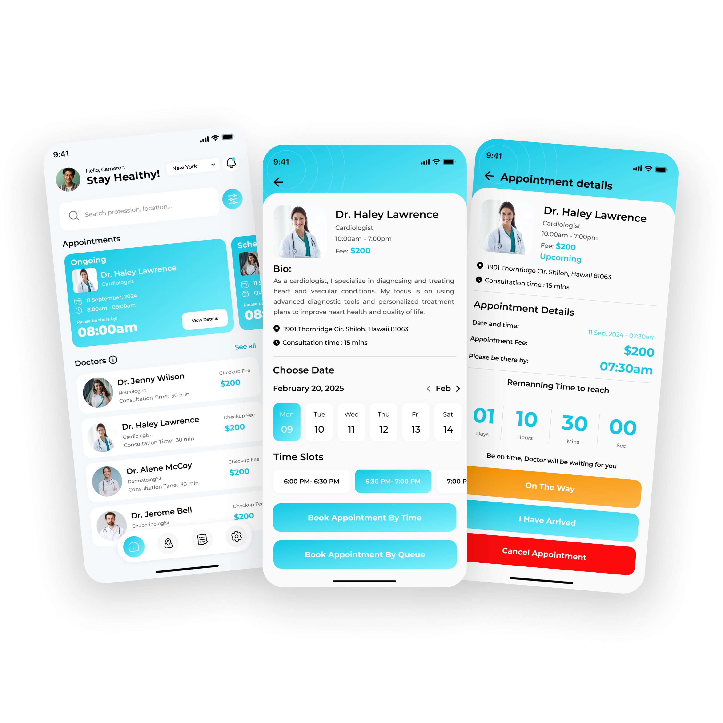 Waiting Room Pro app screens showing appointment booking and doctor scheduling